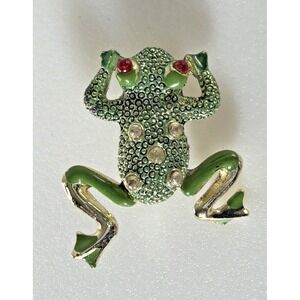 Vintage Frog Brooch Pin Green Enamel Red Rhinestone Eyes Articulated Back Legs